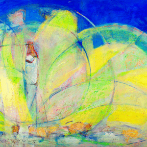 A vibrant painting featuring a yellow and blue bird set against a colorful yellow and blue background.