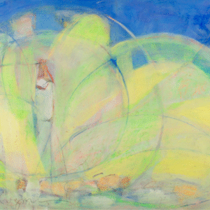 An artwork depicting a vibrant yellow and green leaf, with a figure positioned in the middle, symbolizing harmony with nature.