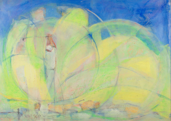 An artwork depicting a vibrant yellow and green leaf, with a figure positioned in the middle, symbolizing harmony with nature.