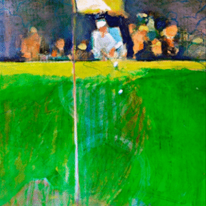 A painting depicting a lush golf course with a flag positioned near the hole, surrounded by greenery and blue skies.