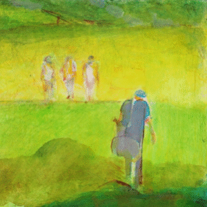 A colorful painting of people meandering through a sunny field, capturing a serene outdoor moment.