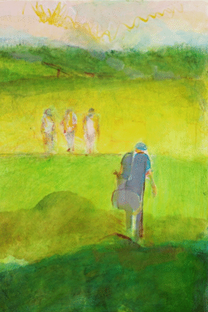 A colorful painting of people meandering through a sunny field, capturing a serene outdoor moment.