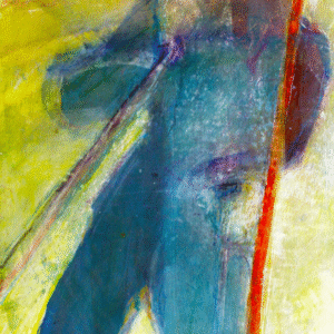 A painting depicting a man standing and holding a pole, showcasing his focused expression and dynamic posture.