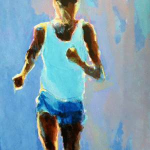 A painting depicting a man running, primarily in shades of blue and white.