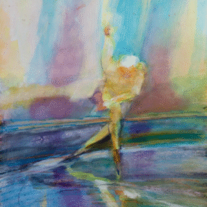 A vibrant painting depicting a person skillfully riding a skateboard in an urban setting.