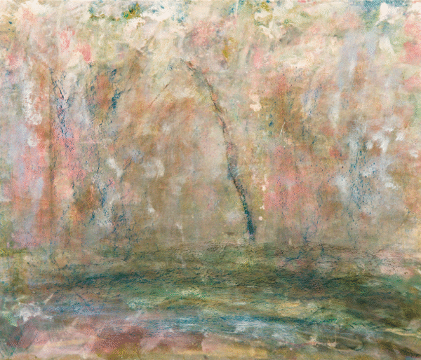 Abstract painting featuring stylized trees reflected in serene water, blending vibrant colors and fluid shapes.