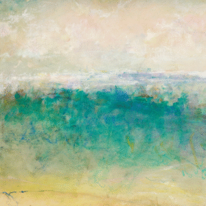 Abstract painting featuring swirling green and blue hues, creating a dynamic and vibrant visual experience.