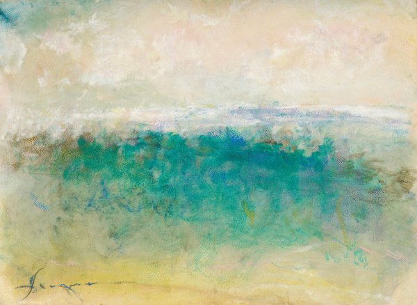 Abstract painting featuring swirling green and blue hues, creating a dynamic and vibrant visual experience.