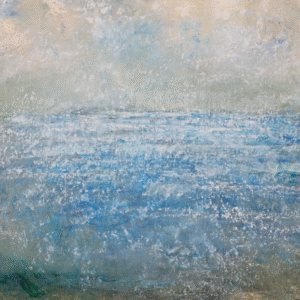 A serene painting depicting the ocean under a clear blue sky, capturing the tranquility of nature.