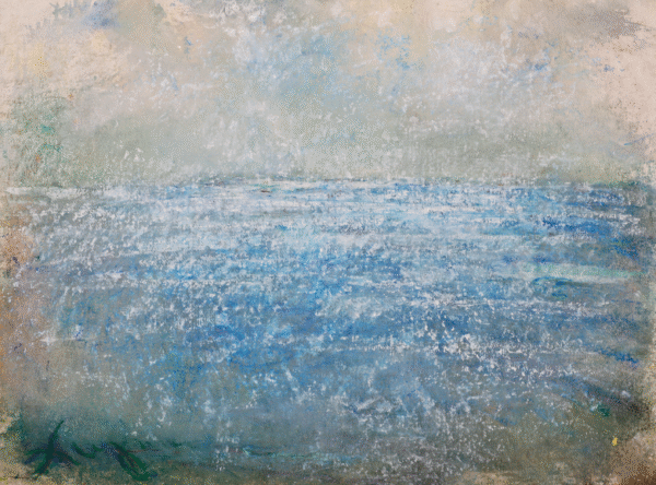 A serene painting depicting the ocean under a clear blue sky, capturing the tranquility of nature.
