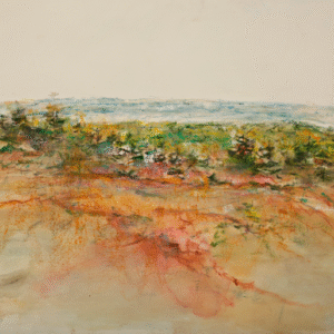 A painting depicting a serene field with lush trees and vibrant bushes under a clear blue sky.