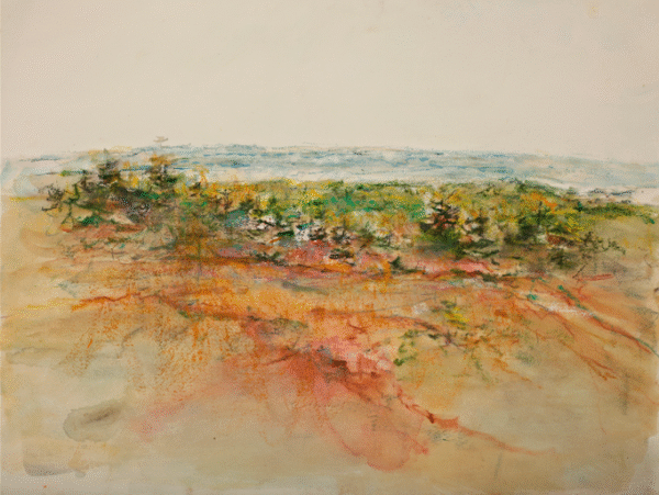 A painting depicting a serene field with lush trees and vibrant bushes under a clear blue sky.