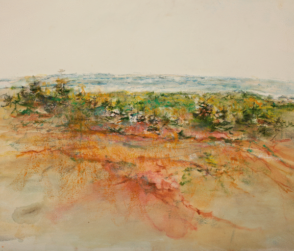 A painting depicting a serene field with lush trees and vibrant bushes under a clear blue sky.