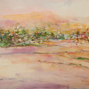 An artistic representation of a landscape showcasing trees and hills, evoking a sense of peace and natural beauty.