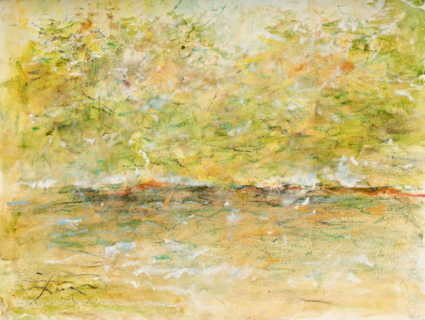 A serene painting depicting trees and a tranquil body of water in the distance under a clear sky.
