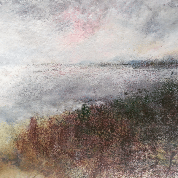 An artistic representation of a field with green trees and a peaceful water scene, evoking a sense of tranquility.