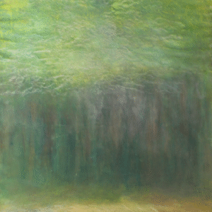 Abstract painting featuring green trees and grass, blending vibrant colors to create a serene natural landscape.