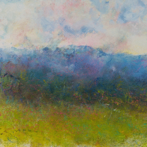 A vibrant painting depicting a sunny field with lush green grass under a clear blue sky.