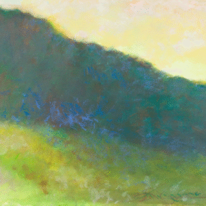 A painting depicting a lush green hill adorned with trees under a clear sky.