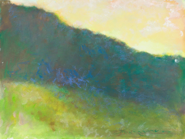 A painting depicting a lush green hill adorned with trees under a clear sky.