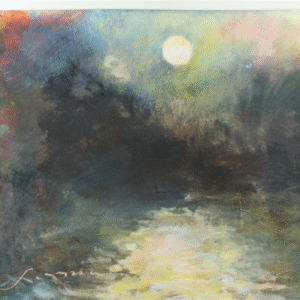 A serene painting of a river under a glowing moonlit sky, reflecting the tranquil beauty of nature.