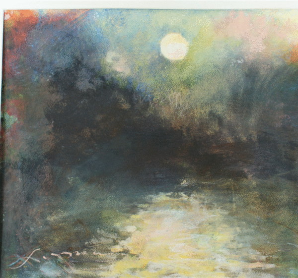 A serene painting of a river under a glowing moonlit sky, reflecting the tranquil beauty of nature.