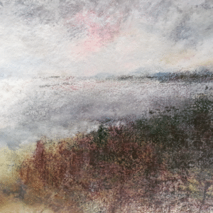 A serene painting depicting a lush field with trees and a tranquil body of water under a clear sky.