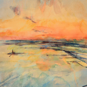A serene painting of a boat floating on water during a vibrant sunset, with warm colors reflecting on the surface.