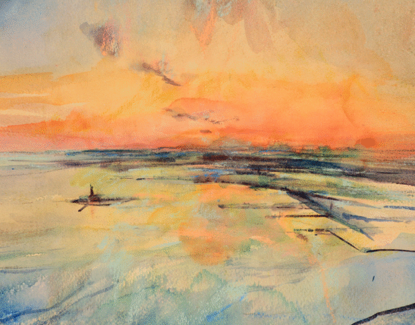 A serene painting of a boat floating on water during a vibrant sunset, with warm colors reflecting on the surface.