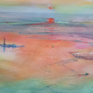 A painting depicting a boat on water with a lighthouse visible in the background under a clear sky.