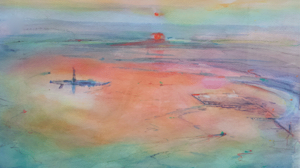 A painting depicting a boat on water with a lighthouse visible in the background under a clear sky.