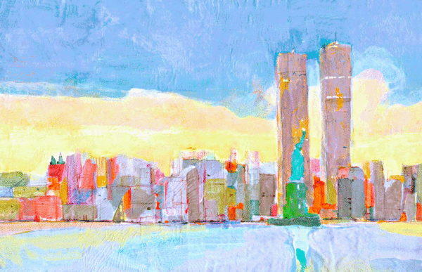 An artistic representation of a city skyline, showcasing the Statue of Liberty in the distance.