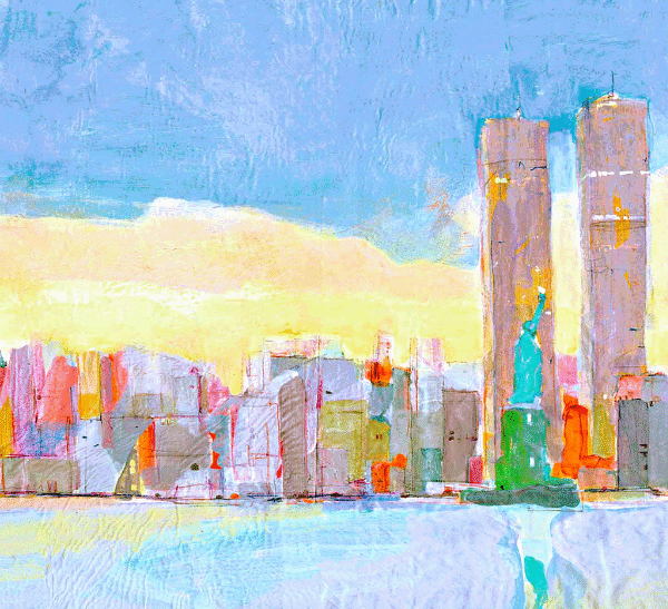 An artistic representation of a city skyline, showcasing the Statue of Liberty in the distance.