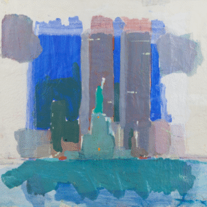 A painting depicting the Statue of Liberty with a city skyline in the background, showcasing urban life and freedom.