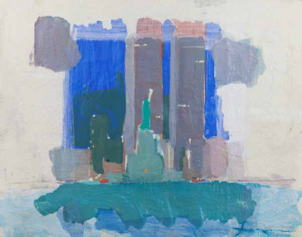A painting depicting the Statue of Liberty with a city skyline in the background, showcasing urban life and freedom.