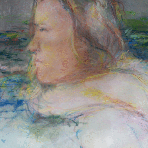 A painting depicting a woman gracefully submerged in water, surrounded by soft waves and a serene atmosphere.