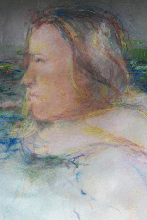 A painting depicting a woman gracefully submerged in water, surrounded by soft waves and a serene atmosphere.
