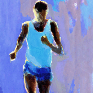 A painting depicting a man in blue shorts running energetically across a vibrant landscape.