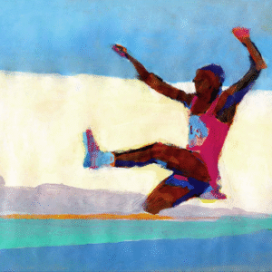 An artwork showing a man in mid-air, captured in a dynamic jump, surrounded by colorful brushstrokes.
