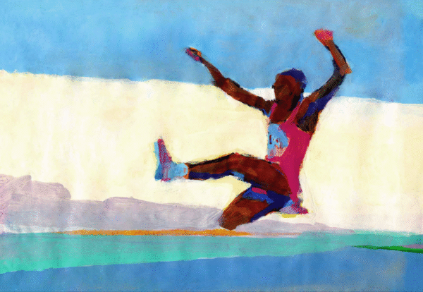 An artwork showing a man in mid-air, captured in a dynamic jump, surrounded by colorful brushstrokes.