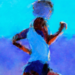 A colorful painting of a woman sprinting in a clear blue sky, representing vitality and the joy of movement.