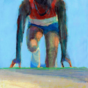 A painting depicting a man wearing a red shirt and blue shorts, standing against a neutral background.