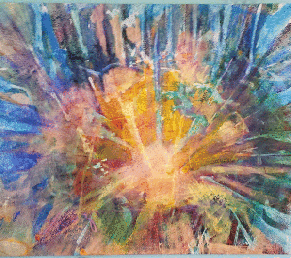 An expressive painting of a sunburst with vivid blue, yellow, and orange tones radiating in a lively pattern.