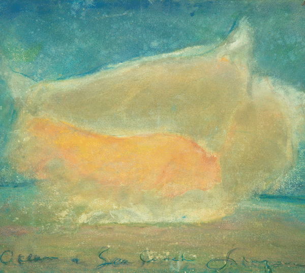 A beach scene painting showcasing a shell with a bright blue sky in the background.