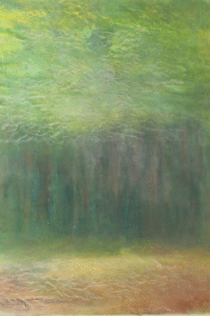 An oil painting depicting a serene forest scene with lush trees and a tranquil body of water.