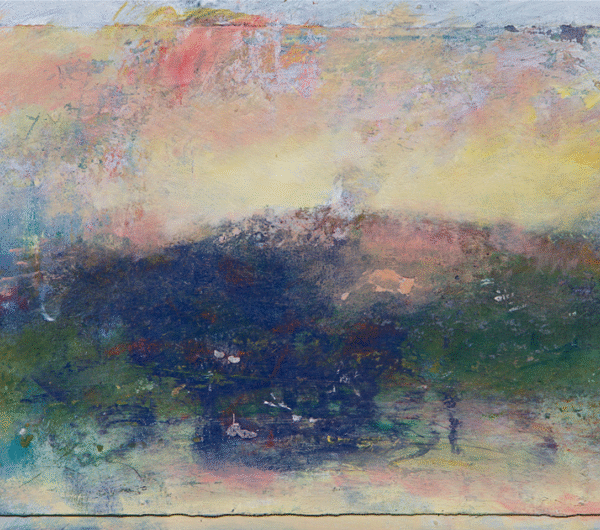 An abstract artwork depicting a serene blue sky and lush green grass, blending colors to create a peaceful landscape.