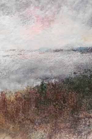 A serene painting depicting a lush field with trees and a tranquil body of water under a clear sky.