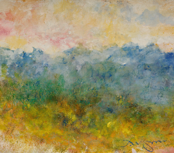 Colorful abstract artwork featuring a field, stylized trees, and soft clouds, evoking a serene, imaginative landscape.