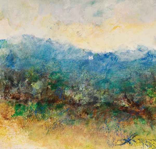 An artistic representation of a tranquil field with trees and hills, showcasing nature's beauty and harmony.