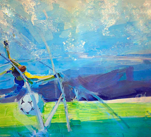 A vibrant painting depicting a soccer player in action, dribbling the ball on a grassy field.